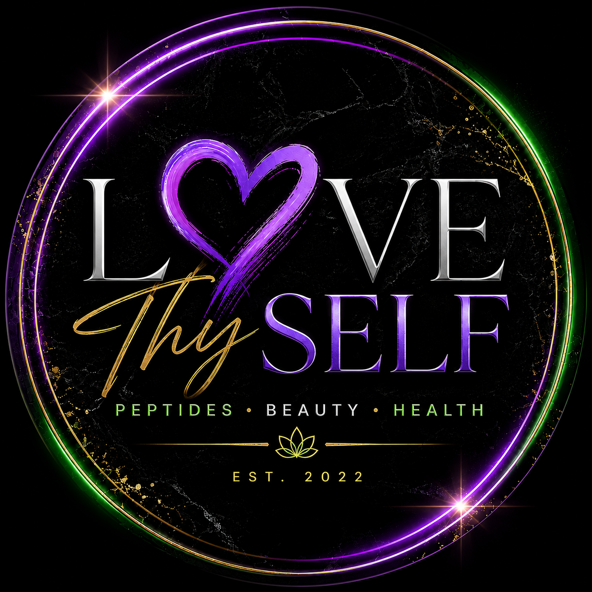 A circular black graphic with neon-style purple, green, and gold rings, featuring the words 'LOVE Thy SELF' in large metallic and script lettering. Smaller text reads 'PEPTIDES • BEAUTY • HEALTH' and 'EST.